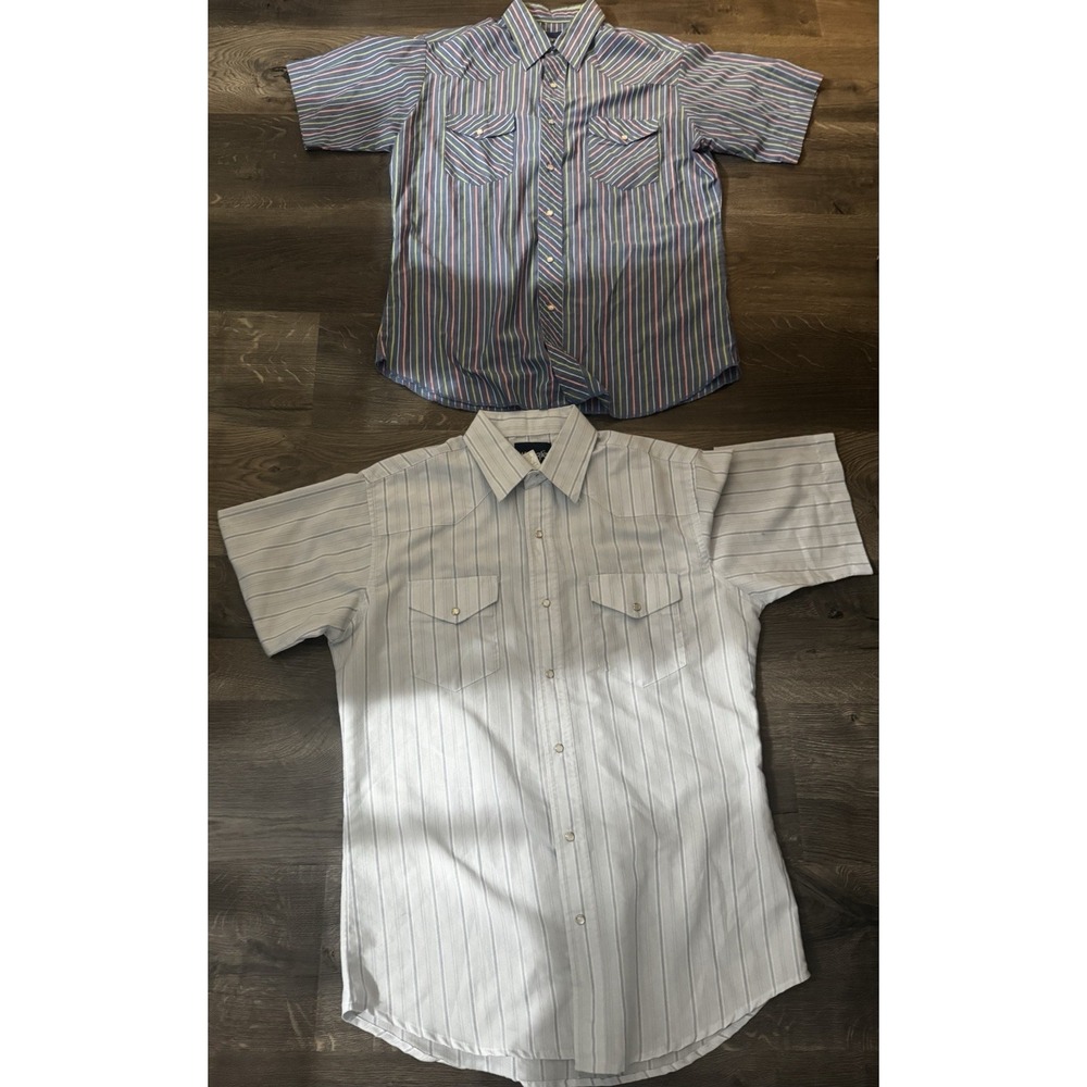 2 Vintage Short Sleeve Pearl Button Wrangler Button Up Shirts Size Medium